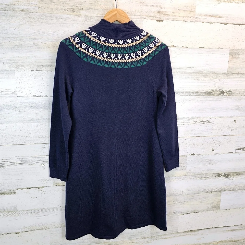 Talbots Petite Fair Isle Sweater Dress Navy Mock Neck Button Detail SP Holiday